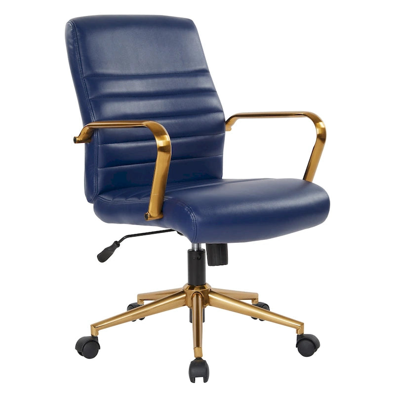 Chaise de bureau mi-dossier, similicuir, soutien lombaire intégré, inclinaison verrouillable, base et accoudoirs dorés, roulettes doubles, marine / selle / crème / noir / blanc, usage individuel