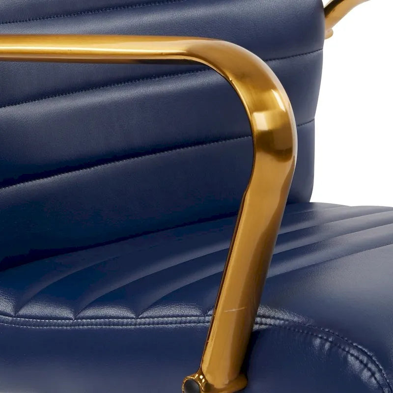 Chaise de bureau mi-dossier, similicuir, soutien lombaire intégré, inclinaison verrouillable, base et accoudoirs dorés, roulettes doubles, marine / selle / crème / noir / blanc, usage individuel