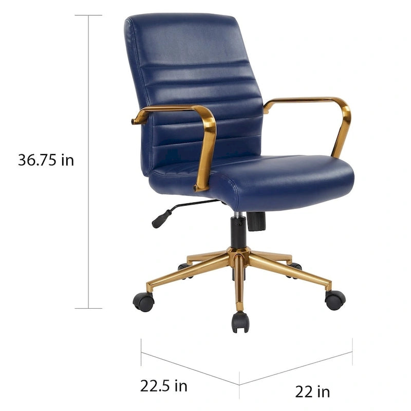 Chaise de bureau mi-dossier, similicuir, soutien lombaire intégré, inclinaison verrouillable, base et accoudoirs dorés, roulettes doubles, marine / selle / crème / noir / blanc, usage individuel