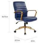 Chaise de bureau mi-dossier, similicuir, soutien lombaire intégré, inclinaison verrouillable, base et accoudoirs dorés, roulettes doubles, marine / selle / crème / noir / blanc, usage individuel