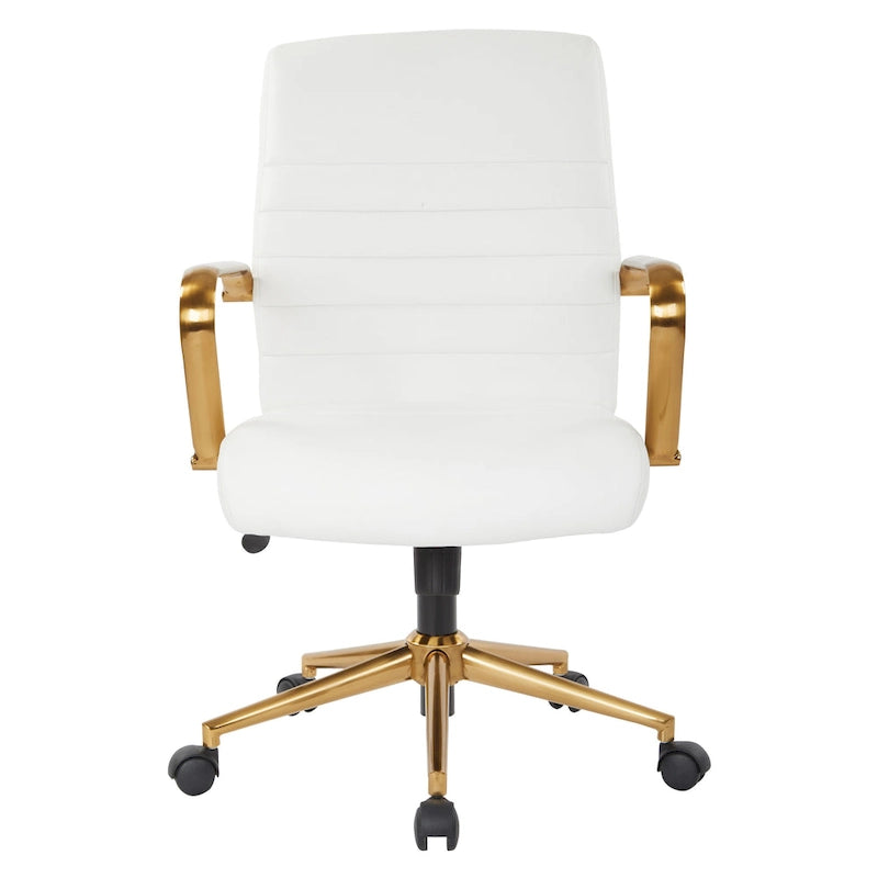 Chaise de bureau mi-dossier, similicuir, soutien lombaire intégré, inclinaison verrouillable, base et accoudoirs dorés, roulettes doubles, marine / selle / crème / noir / blanc, usage individuel