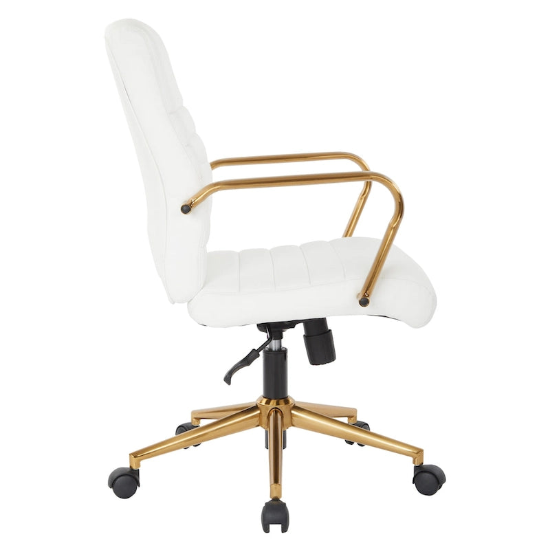 Chaise de bureau mi-dossier, similicuir, soutien lombaire intégré, inclinaison verrouillable, base et accoudoirs dorés, roulettes doubles, marine / selle / crème / noir / blanc, usage individuel