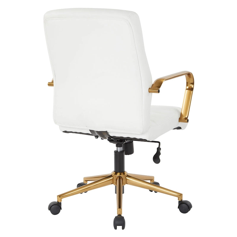 Chaise de bureau mi-dossier, similicuir, soutien lombaire intégré, inclinaison verrouillable, base et accoudoirs dorés, roulettes doubles, marine / selle / crème / noir / blanc, usage individuel