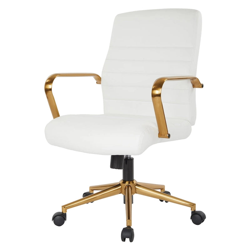 Chaise de bureau mi-dossier, similicuir, soutien lombaire intégré, inclinaison verrouillable, base et accoudoirs dorés, roulettes doubles, marine / selle / crème / noir / blanc, usage individuel