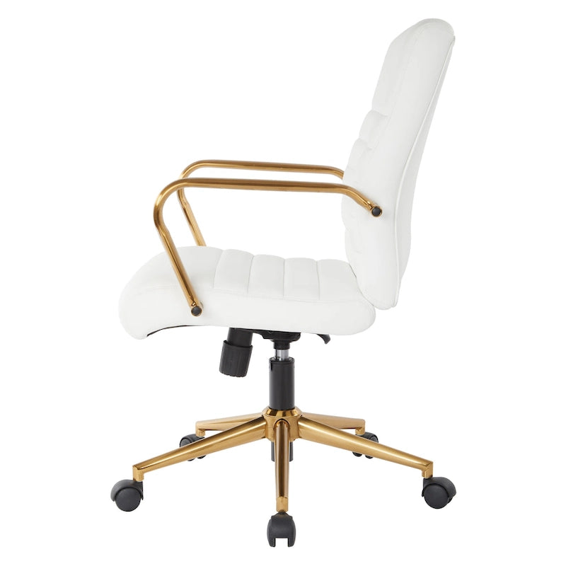 Chaise de bureau mi-dossier, similicuir, soutien lombaire intégré, inclinaison verrouillable, base et accoudoirs dorés, roulettes doubles, marine / selle / crème / noir / blanc, usage individuel