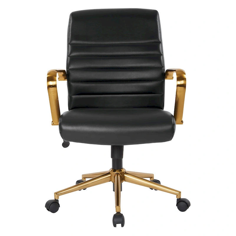 Chaise de bureau mi-dossier, similicuir, soutien lombaire intégré, inclinaison verrouillable, base et accoudoirs dorés, roulettes doubles, marine / selle / crème / noir / blanc, usage individuel
