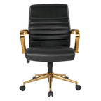 Chaise de bureau mi-dossier, similicuir, soutien lombaire intégré, inclinaison verrouillable, base et accoudoirs dorés, roulettes doubles, marine / selle / crème / noir / blanc, usage individuel