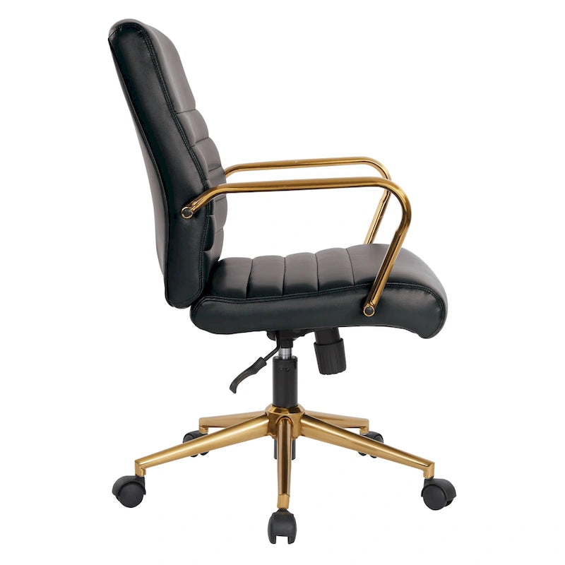 Chaise de bureau mi-dossier, similicuir, soutien lombaire intégré, inclinaison verrouillable, base et accoudoirs dorés, roulettes doubles, marine / selle / crème / noir / blanc, usage individuel