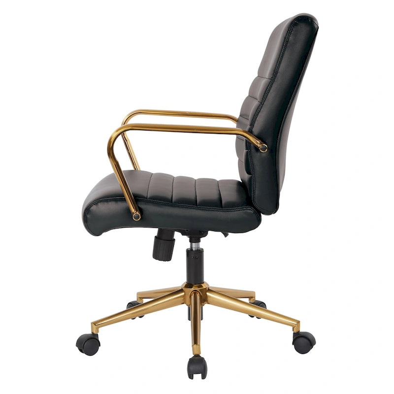 Chaise de bureau mi-dossier, similicuir, soutien lombaire intégré, inclinaison verrouillable, base et accoudoirs dorés, roulettes doubles, marine / selle / crème / noir / blanc, usage individuel
