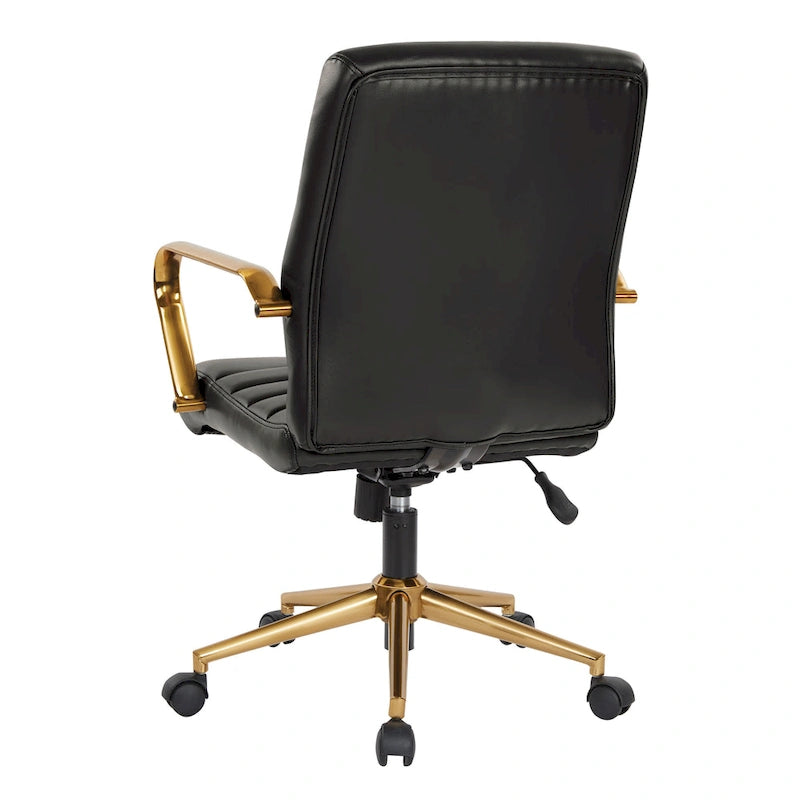 Chaise de bureau mi-dossier, similicuir, soutien lombaire intégré, inclinaison verrouillable, base et accoudoirs dorés, roulettes doubles, marine / selle / crème / noir / blanc, usage individuel