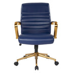 Chaise de bureau mi-dossier, similicuir, soutien lombaire intégré, inclinaison verrouillable, base et accoudoirs dorés, roulettes doubles, marine / selle / crème / noir / blanc, usage individuel