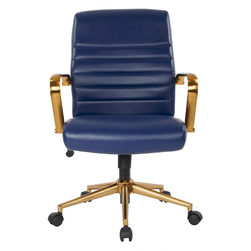Chaise de bureau mi-dossier, similicuir, soutien lombaire intégré, inclinaison verrouillable, base et accoudoirs dorés, roulettes doubles, marine / selle / crème / noir / blanc, usage individuel