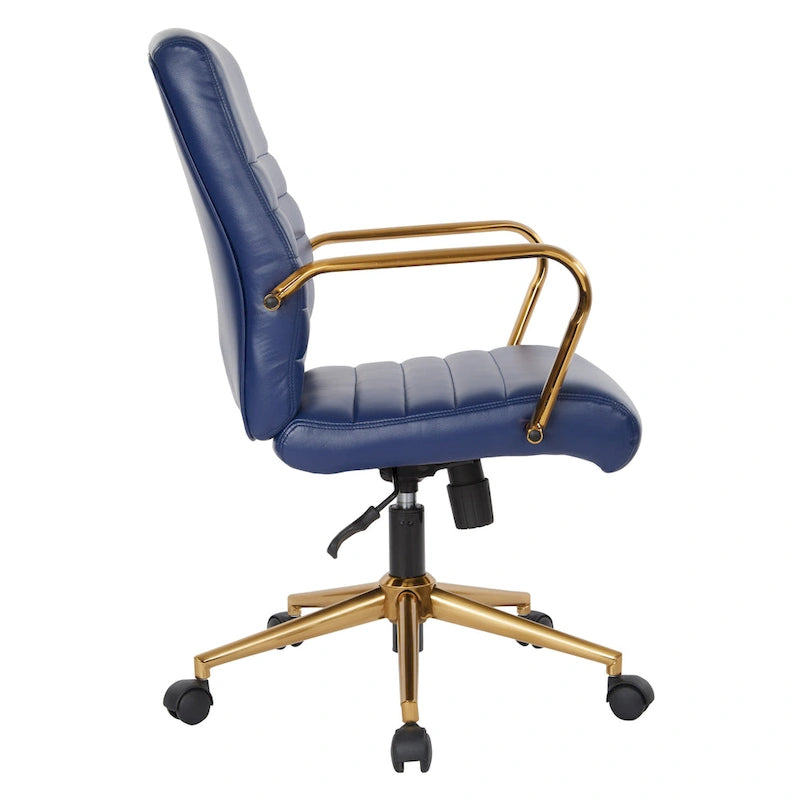 Chaise de bureau mi-dossier, similicuir, soutien lombaire intégré, inclinaison verrouillable, base et accoudoirs dorés, roulettes doubles, marine / selle / crème / noir / blanc, usage individuel