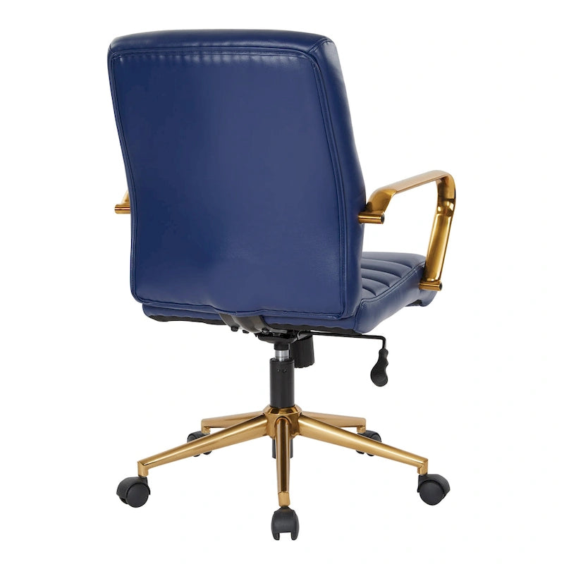 Chaise de bureau mi-dossier, similicuir, soutien lombaire intégré, inclinaison verrouillable, base et accoudoirs dorés, roulettes doubles, marine / selle / crème / noir / blanc, usage individuel