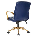 Chaise de bureau mi-dossier, similicuir, soutien lombaire intégré, inclinaison verrouillable, base et accoudoirs dorés, roulettes doubles, marine / selle / crème / noir / blanc, usage individuel