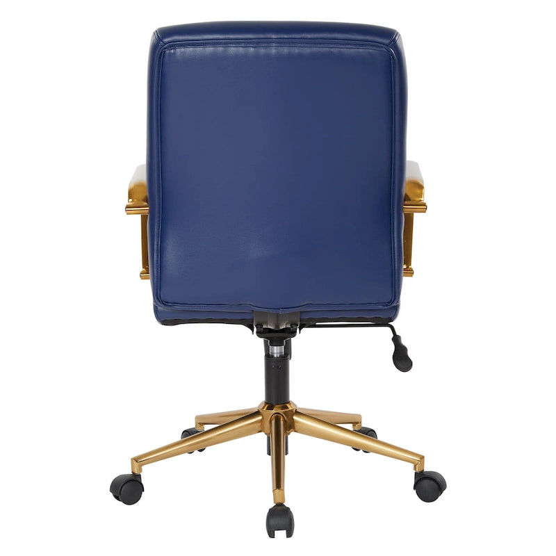 Chaise de bureau mi-dossier, similicuir, soutien lombaire intégré, inclinaison verrouillable, base et accoudoirs dorés, roulettes doubles, marine / selle / crème / noir / blanc, usage individuel