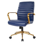Chaise de bureau mi-dossier, similicuir, soutien lombaire intégré, inclinaison verrouillable, base et accoudoirs dorés, roulettes doubles, marine / selle / crème / noir / blanc, usage individuel