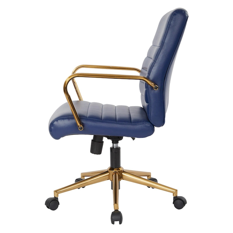 Chaise de bureau mi-dossier, similicuir, soutien lombaire intégré, inclinaison verrouillable, base et accoudoirs dorés, roulettes doubles, marine / selle / crème / noir / blanc, usage individuel