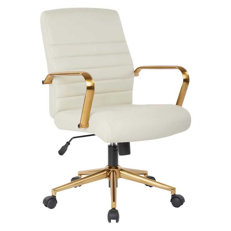 Chaise de bureau mi-dossier, similicuir, soutien lombaire intégré, inclinaison verrouillable, base et accoudoirs dorés, roulettes doubles, marine / selle / crème / noir / blanc, usage individuel
