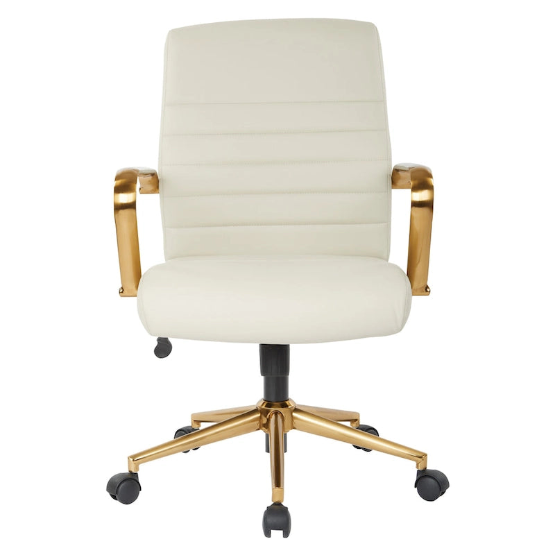 Chaise de bureau mi-dossier, similicuir, soutien lombaire intégré, inclinaison verrouillable, base et accoudoirs dorés, roulettes doubles, marine / selle / crème / noir / blanc, usage individuel