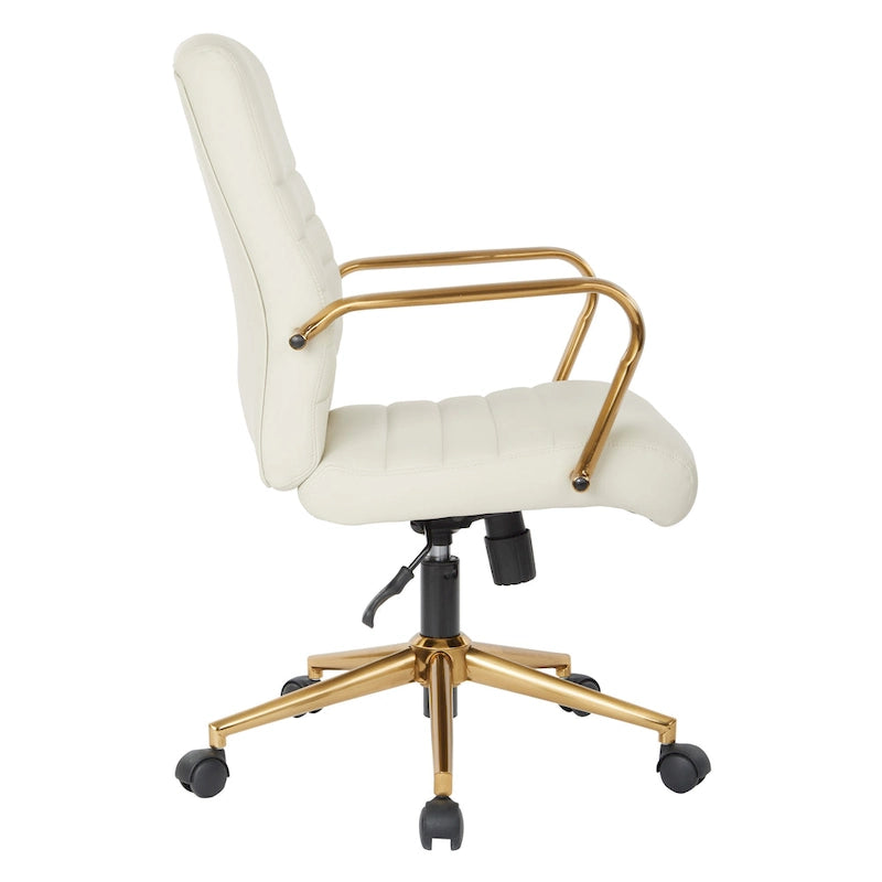 Chaise de bureau mi-dossier, similicuir, soutien lombaire intégré, inclinaison verrouillable, base et accoudoirs dorés, roulettes doubles, marine / selle / crème / noir / blanc, usage individuel