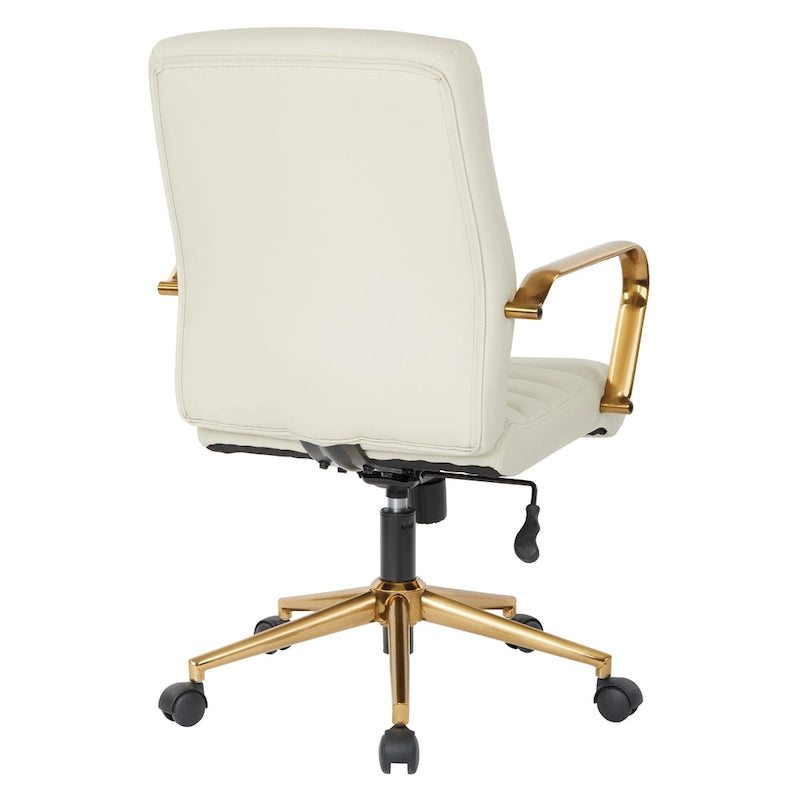 Chaise de bureau mi-dossier, similicuir, soutien lombaire intégré, inclinaison verrouillable, base et accoudoirs dorés, roulettes doubles, marine / selle / crème / noir / blanc, usage individuel