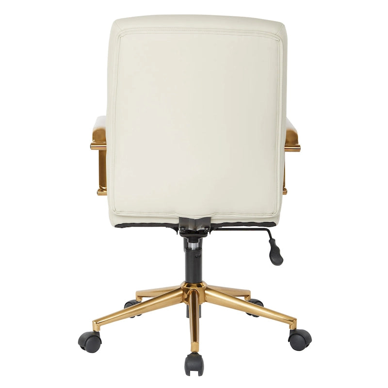Chaise de bureau mi-dossier, similicuir, soutien lombaire intégré, inclinaison verrouillable, base et accoudoirs dorés, roulettes doubles, marine / selle / crème / noir / blanc, usage individuel