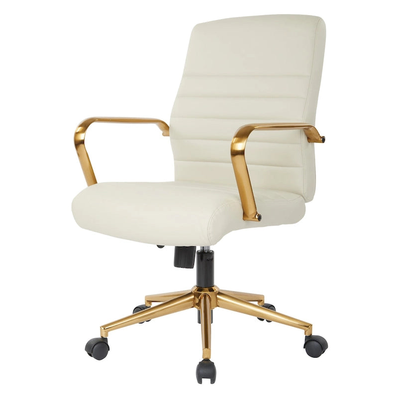 Chaise de bureau mi-dossier, similicuir, soutien lombaire intégré, inclinaison verrouillable, base et accoudoirs dorés, roulettes doubles, marine / selle / crème / noir / blanc, usage individuel