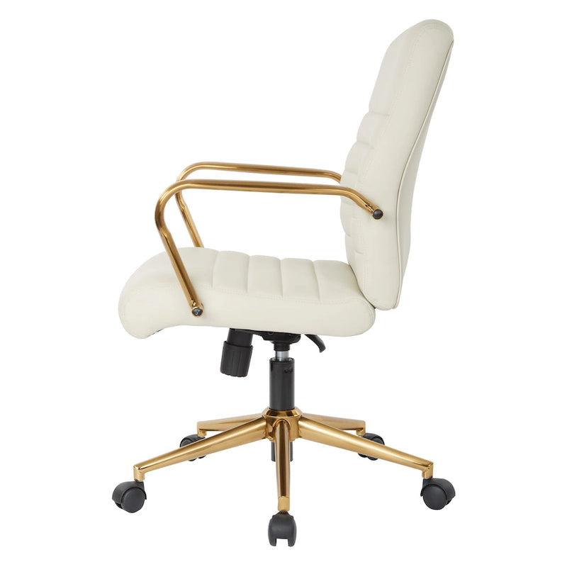 Chaise de bureau mi-dossier, similicuir, soutien lombaire intégré, inclinaison verrouillable, base et accoudoirs dorés, roulettes doubles, marine / selle / crème / noir / blanc, usage individuel