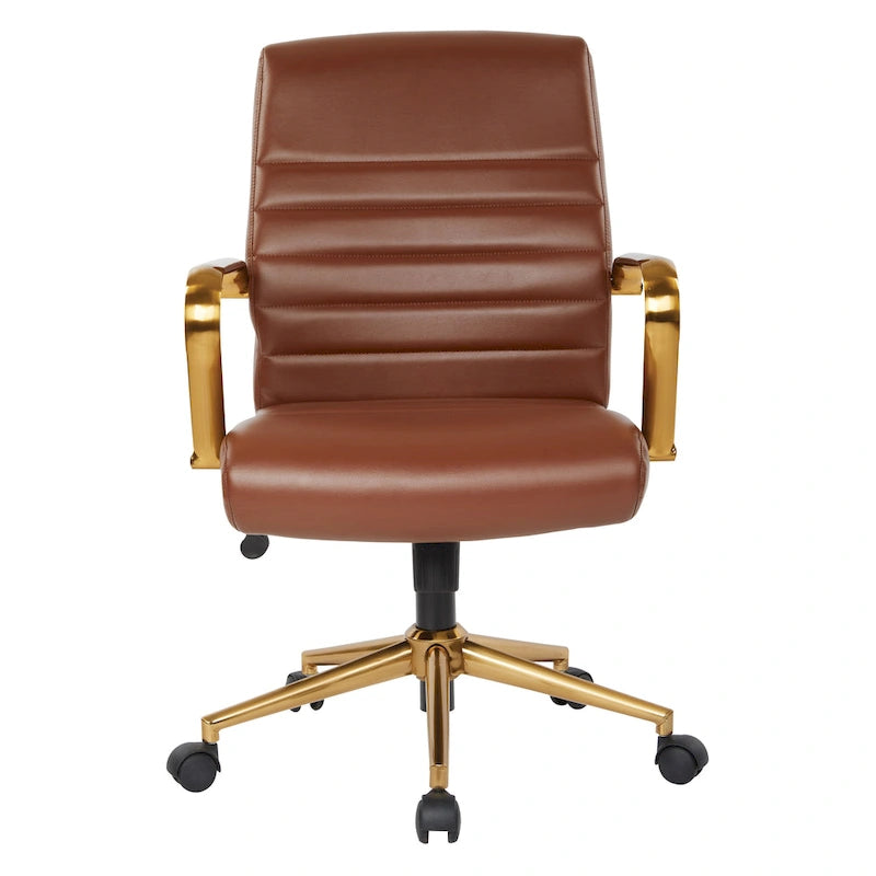 Chaise de bureau mi-dossier, similicuir, soutien lombaire intégré, inclinaison verrouillable, base et accoudoirs dorés, roulettes doubles, marine / selle / crème / noir / blanc, usage individuel