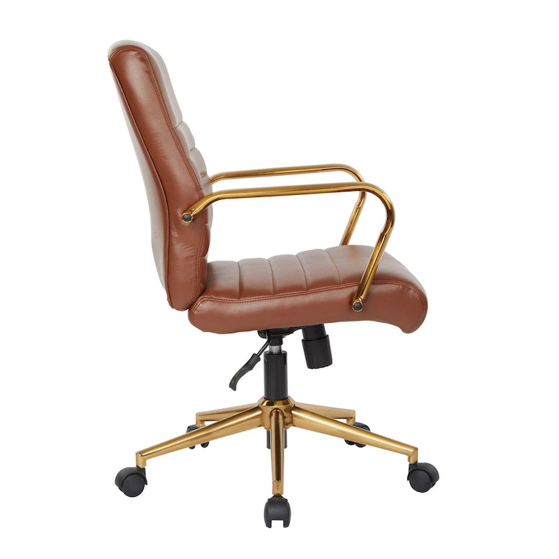 Chaise de bureau mi-dossier, similicuir, soutien lombaire intégré, inclinaison verrouillable, base et accoudoirs dorés, roulettes doubles, marine / selle / crème / noir / blanc, usage individuel