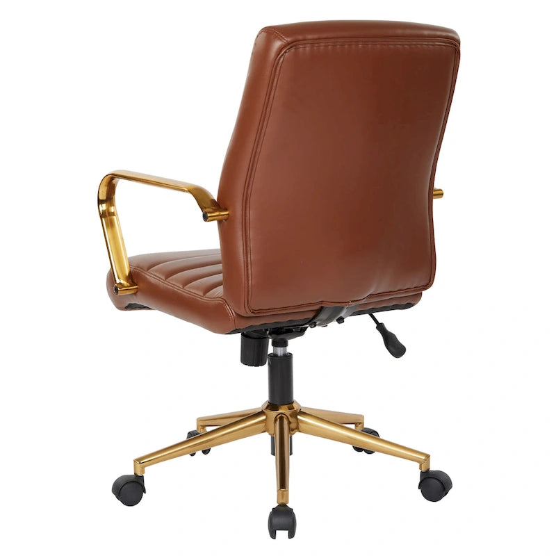 Chaise de bureau mi-dossier, similicuir, soutien lombaire intégré, inclinaison verrouillable, base et accoudoirs dorés, roulettes doubles, marine / selle / crème / noir / blanc, usage individuel
