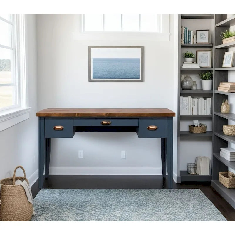 Bureau de 53 pouces, style maison de campagne moderne, tiroir à clavier escamotable, 2 tiroirs latéraux, peuplier et aulne noueux, Denim bleu et Whiskey, pour 1 personne