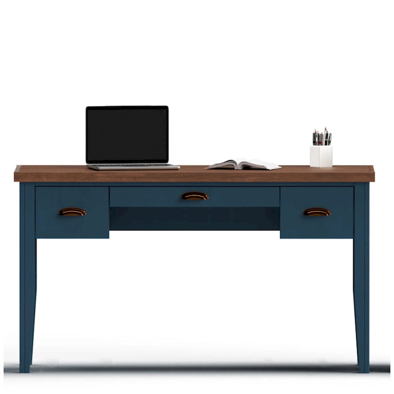 Bureau de 53 pouces, style maison de campagne moderne, tiroir à clavier escamotable, 2 tiroirs latéraux, peuplier et aulne noueux, Denim bleu et Whiskey, pour 1 personne