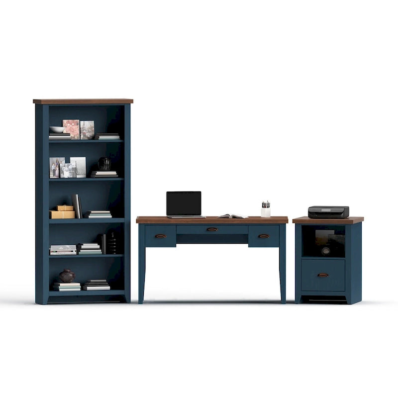 Bureau de 53 pouces, style maison de campagne moderne, tiroir à clavier escamotable, 2 tiroirs latéraux, peuplier et aulne noueux, Denim bleu et Whiskey, pour 1 personne