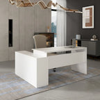 Bureau d'angle en L, réversible, grand plateau, MDF, poignées en métal, blanc, pour 1 personne