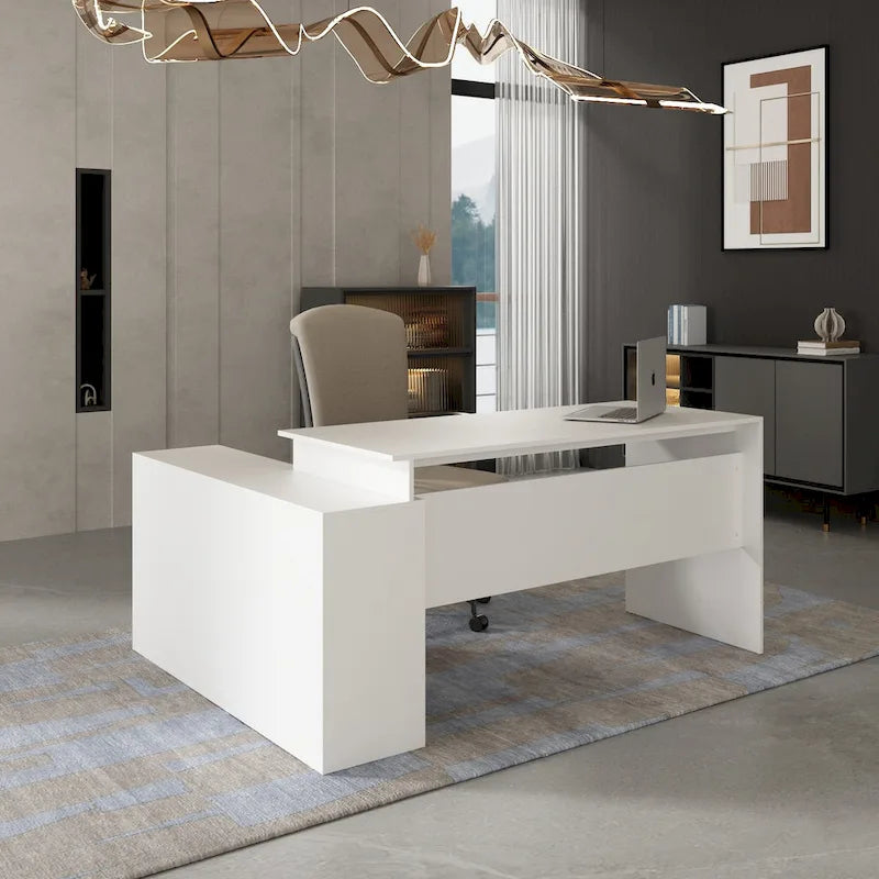 Bureau d'angle en L, réversible, grand plateau, MDF, poignées en métal, blanc, pour 1 personne