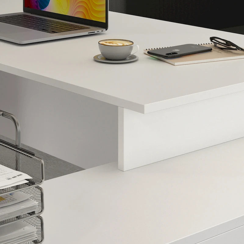 Bureau d'angle en L, réversible, grand plateau, MDF, poignées en métal, blanc, pour 1 personne