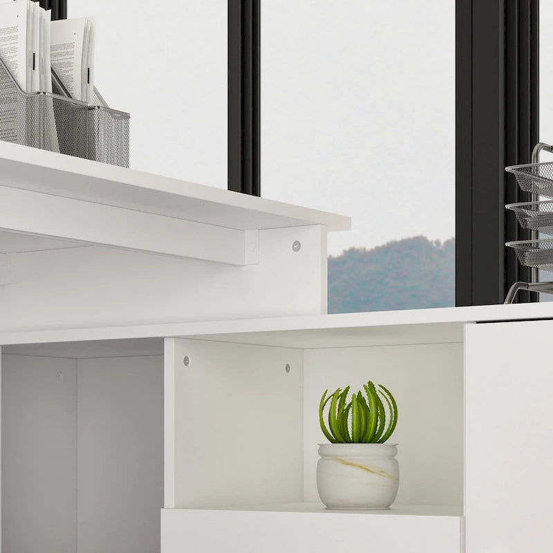 Bureau d'angle en L, réversible, grand plateau, MDF, poignées en métal, blanc, pour 1 personne