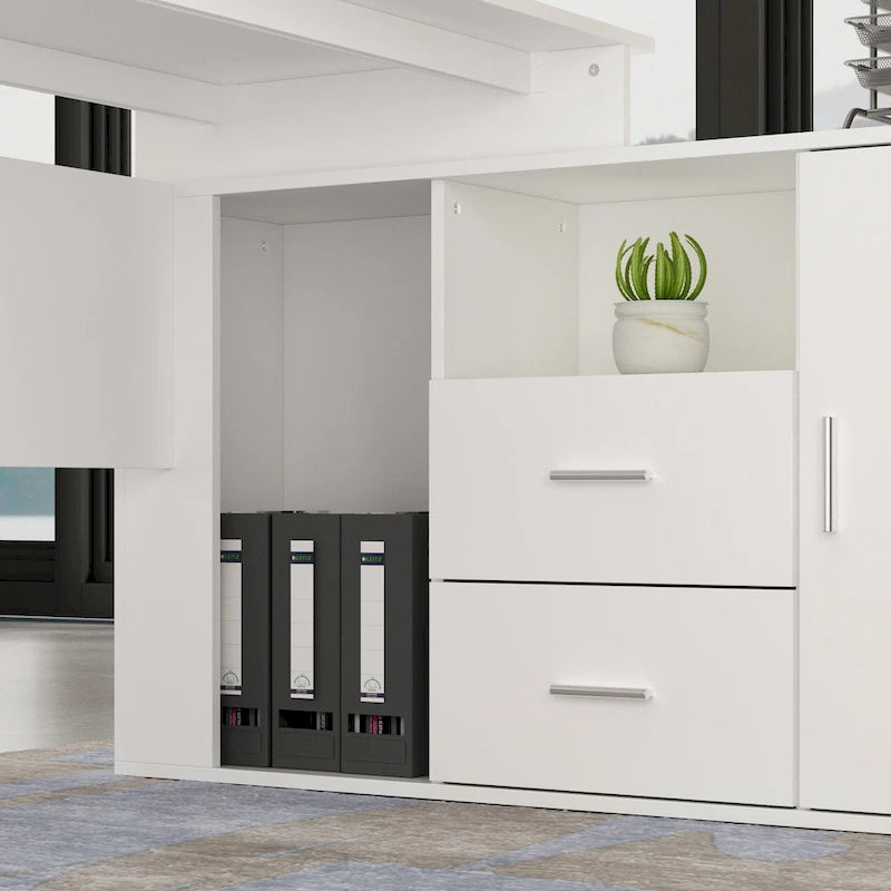 Bureau d'angle en L, réversible, grand plateau, MDF, poignées en métal, blanc, pour 1 personne