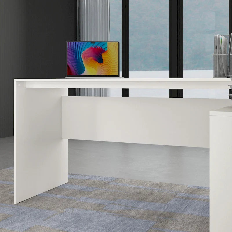 Bureau d'angle en L, réversible, grand plateau, MDF, poignées en métal, blanc, pour 1 personne
