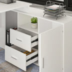 Bureau d'angle en L, réversible, grand plateau, MDF, poignées en métal, blanc, pour 1 personne