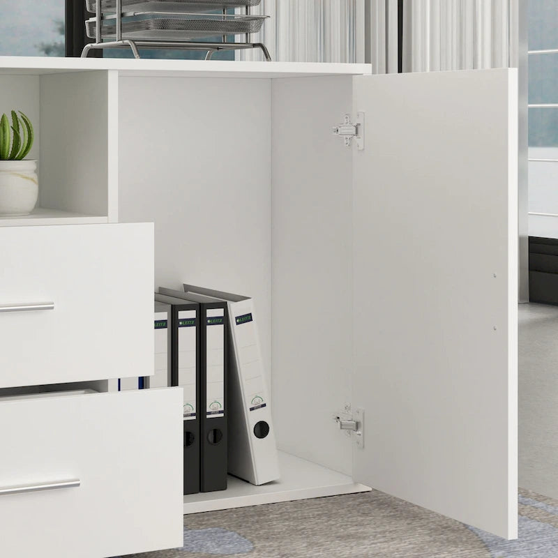 Bureau d'angle en L, réversible, grand plateau, MDF, poignées en métal, blanc, pour 1 personne