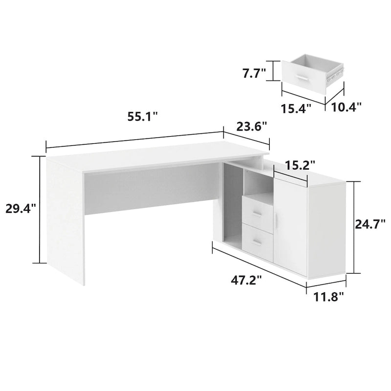 Bureau d'angle en L, réversible, grand plateau, MDF, poignées en métal, blanc, pour 1 personne