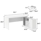 Bureau d'angle en L, réversible, grand plateau, MDF, poignées en métal, blanc, pour 1 personne