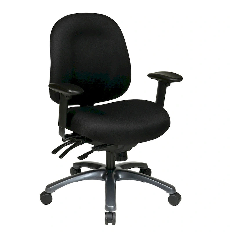 Chaise de bureau mi-dossier, réglage du dossier à crémaillère, glissière d'assise, soutien lombaire, accoudoirs réglables, base en titane, coloris Or Pailleté / Bleu / Taupe / Anthracite / Noir de Jais / Lie de Vin / Noir, 1 utilisateur