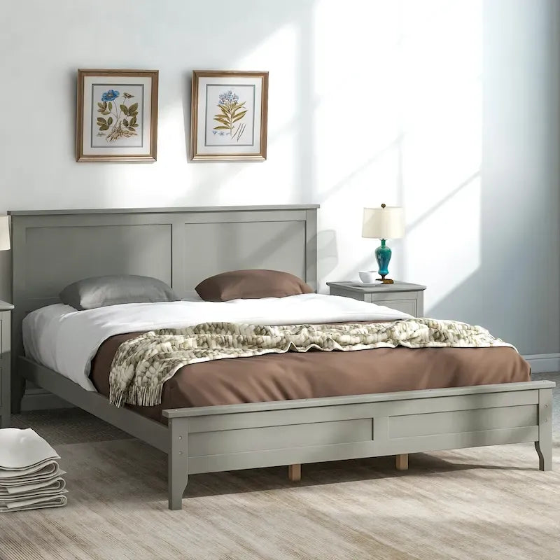 Lit Plateforme Queen, Tête de Lit à Lattes, Pin Massif et MDF, Pieds Coniques, Finition Résistante à l'Usure, Blanc / Gris, Pour 2 Personnes