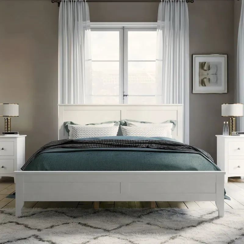 Lit Plateforme Queen, Tête de Lit à Lattes, Pin Massif et MDF, Pieds Coniques, Finition Résistante à l'Usure, Blanc / Gris, Pour 2 Personnes