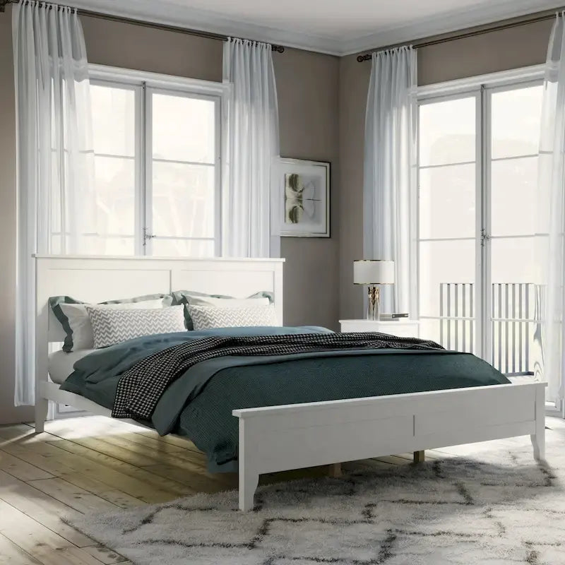 Lit Plateforme Queen, Tête de Lit à Lattes, Pin Massif et MDF, Pieds Coniques, Finition Résistante à l'Usure, Blanc / Gris, Pour 2 Personnes