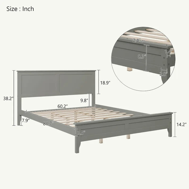 Lit Plateforme Queen, Tête de Lit à Lattes, Pin Massif et MDF, Pieds Coniques, Finition Résistante à l'Usure, Blanc / Gris, Pour 2 Personnes